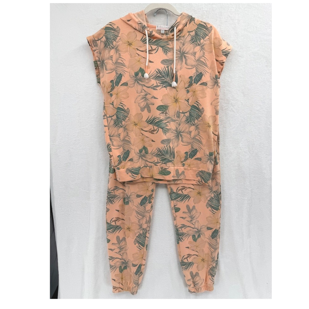 PJ Salvage Tropical Floral Pajama Lounge Set Sleeveless Hoodie Joggers Peach S/M